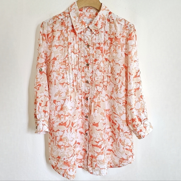 Charter Club 100% Linen Orange & White Floral Button Down Blouse - Picture 16 of 16
